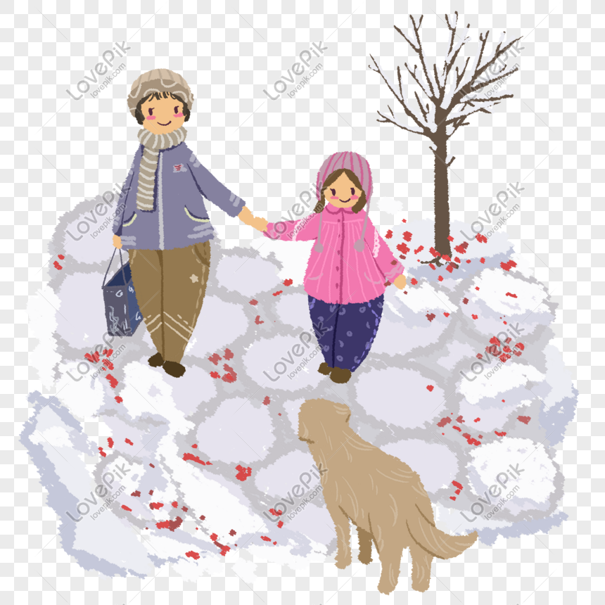 A grandmother and granddaughter walk hand-in-hand through snowy ground with red berries, accompanied by a golden dog and bare tree.