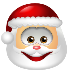 Smiling cartoon Santa Claus with red hat, white beard, and rosy cheeks.
