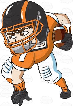 Cartoon football player in orange uniform running with ball, wearing helmet and gloves.