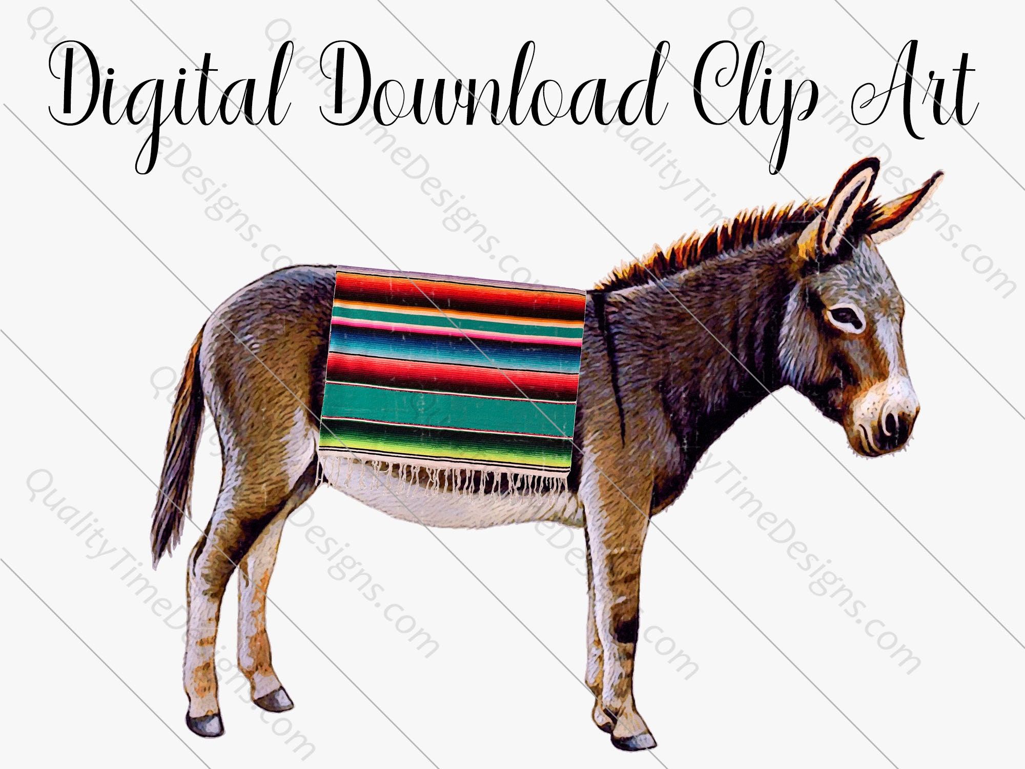 A digitally illustrated donkey wearing a colorful striped Mexican serape blanket, labeled "Digital Download Clip Art".