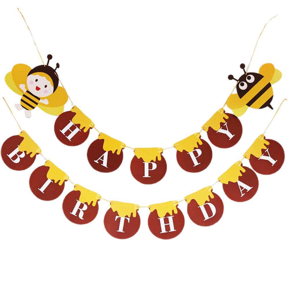 Honeybee-themed "Happy Birthday" banner with cartoon bees and honey-drip letter flags.