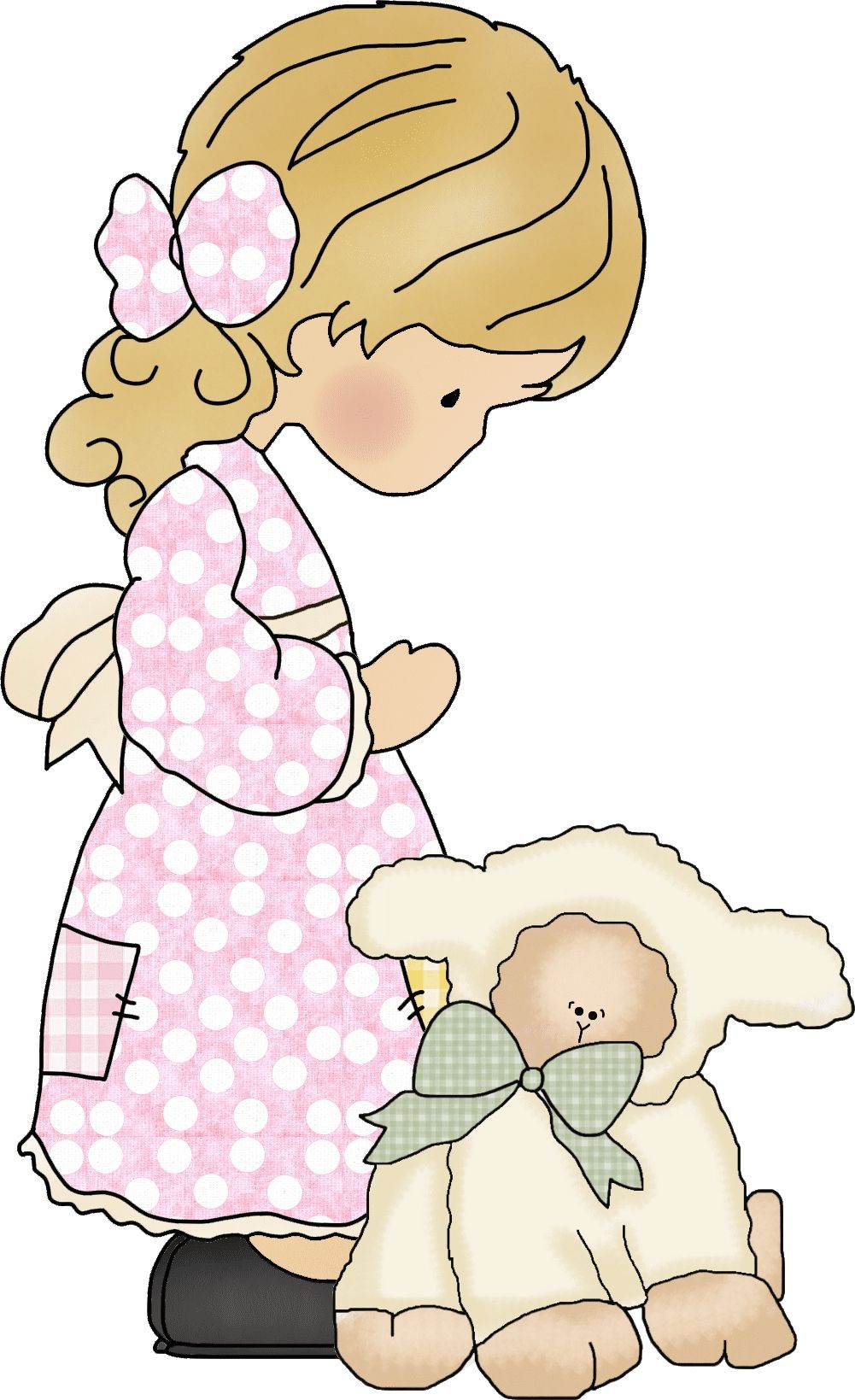 Sweet Girl Praying with Lamb Plush - Free Clipart for Greeting Cards & Printables