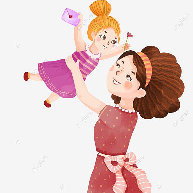 A smiling mother lifts her joyful daughter who holds a love-letter envelope and a small flower.