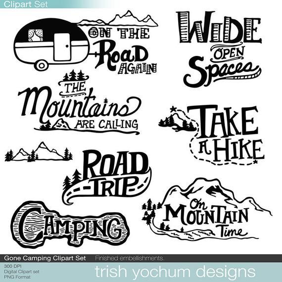 Black-and-white camping-themed clipart set with vintage typography and mountain, trailer, and hiking motifs by Trish Yochum Designs.
