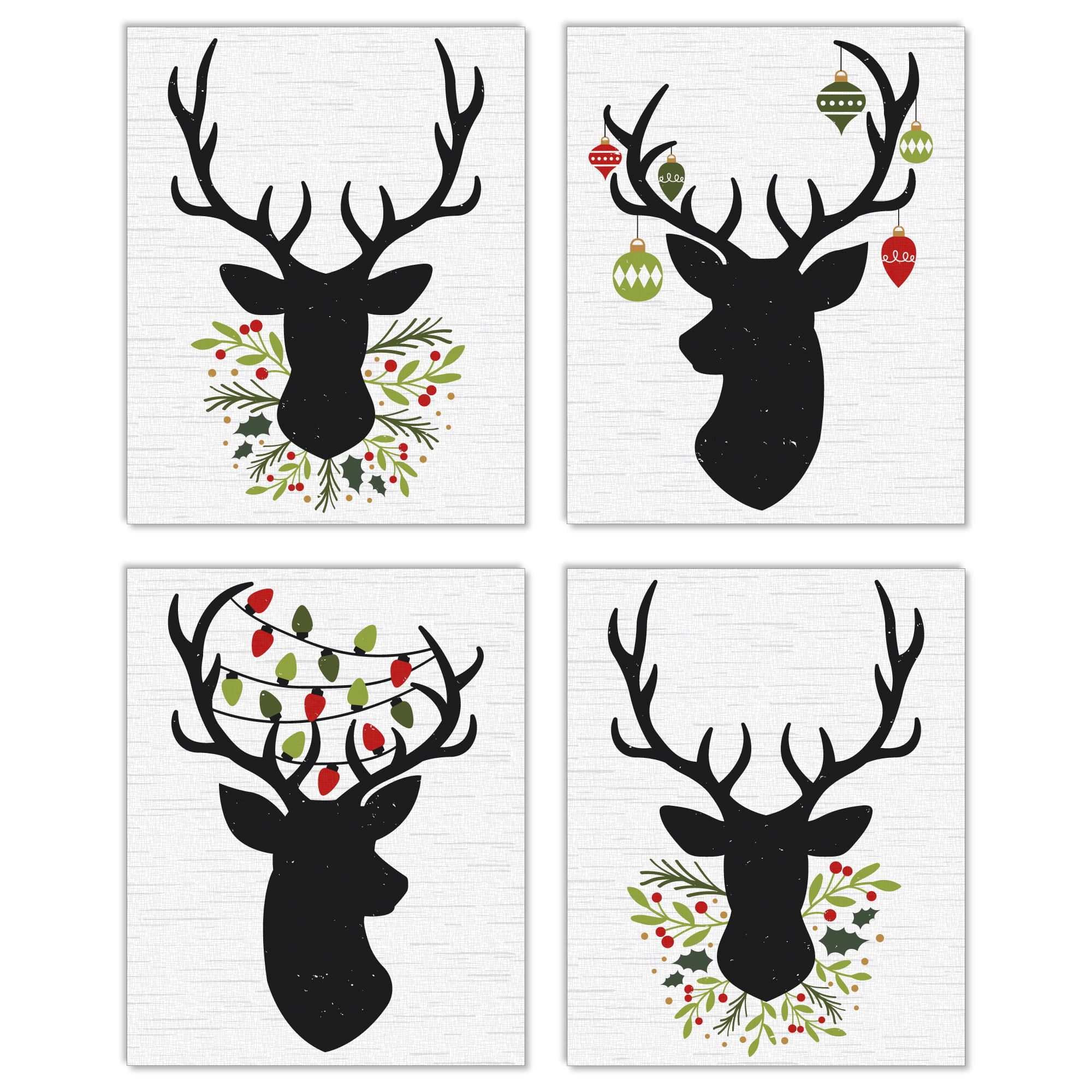 Four festive deer silhouette prints with holiday decorations: berries, ornaments, and string lights on textured background.