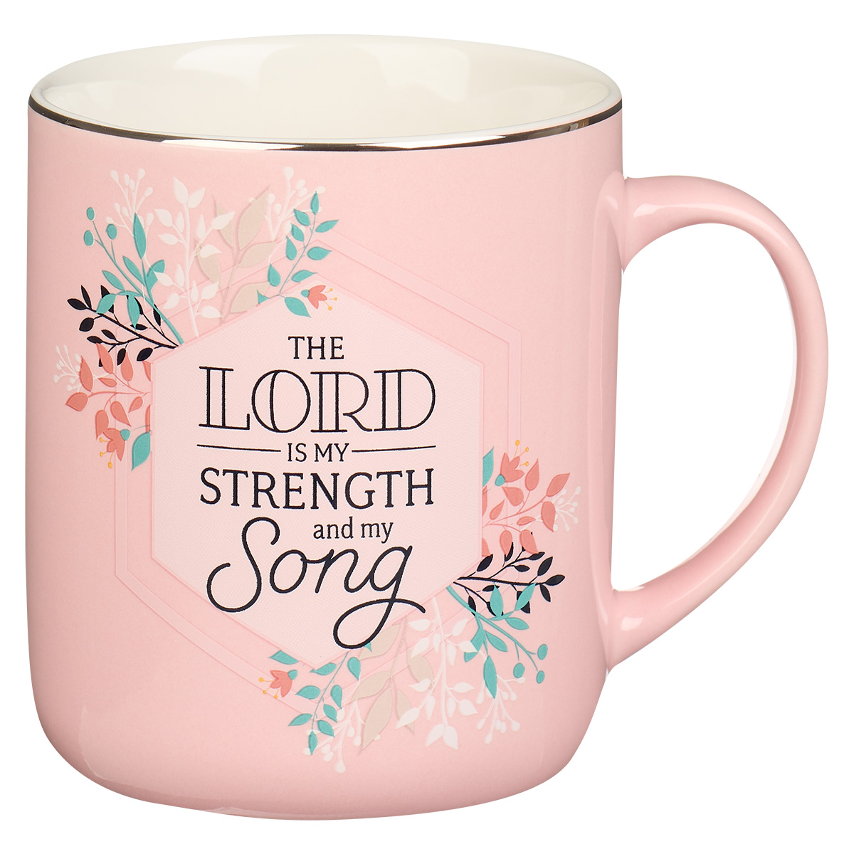 Pink ceramic mug with floral design and Bible verse "The Lord is my strength and my song"
