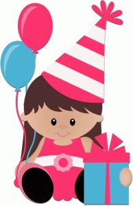 A cartoon girl in a pink party hat holding balloons and a gift box, celebrating a birthday.