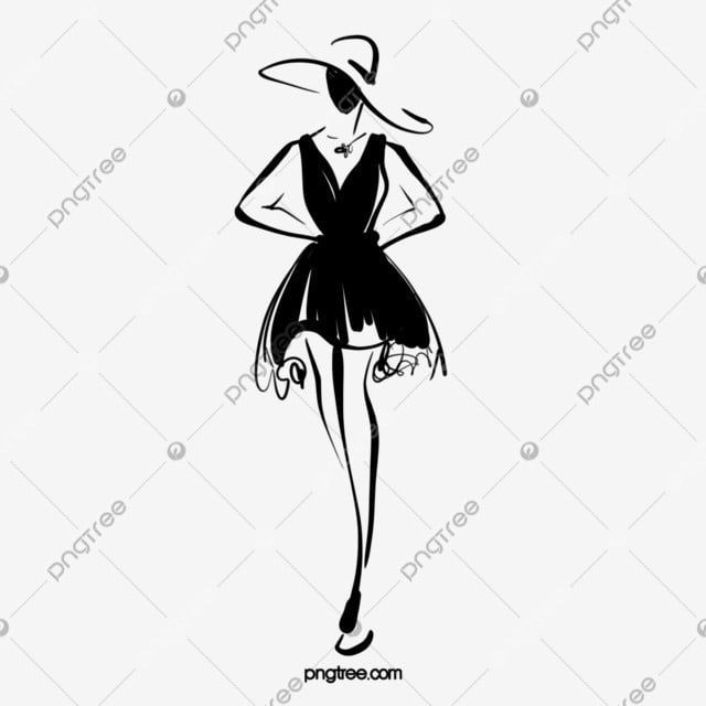 Elegant fashion sketch of a woman in a black dress and wide-brimmed hat, hands on hips, stylized line art.