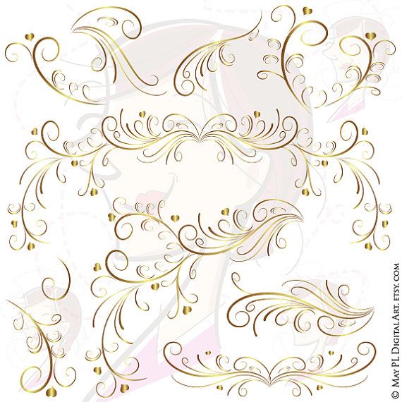 Elegant gold ornamental swirls and flourishes on white background, ideal for luxury design elements.