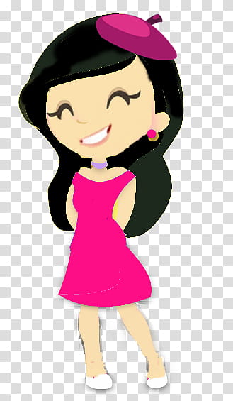 Smiling cartoon girl with black hair, pink dress, and beret, standing joyfully on transparent background.
