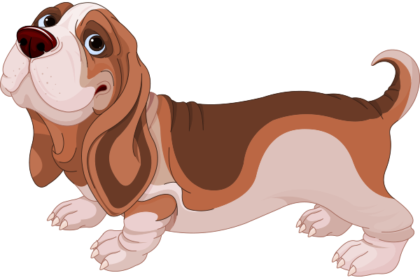 A cartoon basset hound with long floppy ears, brown and white fur, and a curious expression, standing in profile.