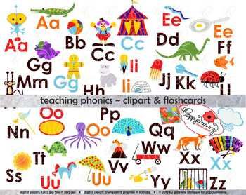 Colorful alphabet phonics clipart and flashcards with letters A-Z paired with illustrated objects and animals.