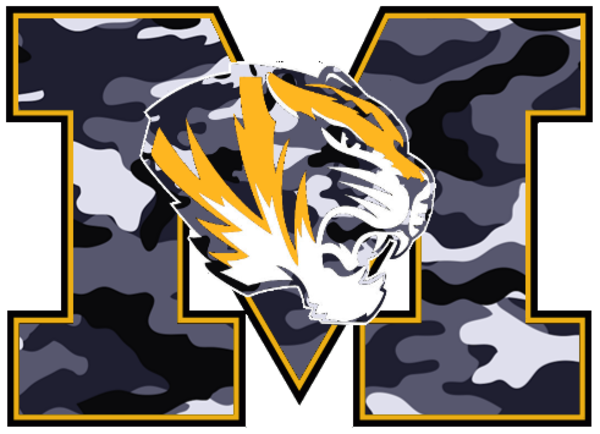 Stylized tiger head logo with yellow and white accents over gray camouflage, framed by a bold yellow-outlined letter "M".
