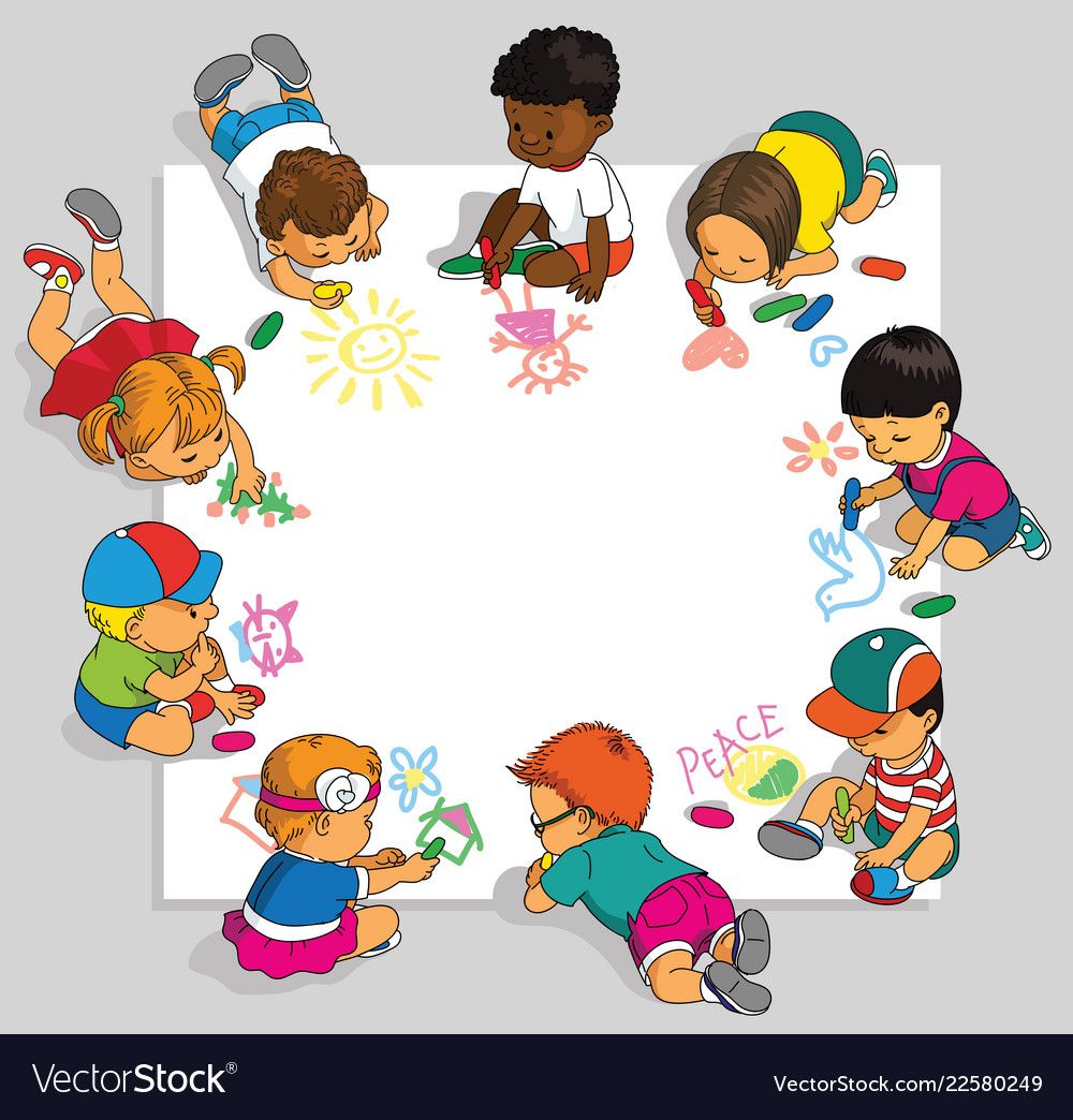 Diverse group of children drawing colorful pictures like suns, peace signs, and flowers on a large white sheet together.