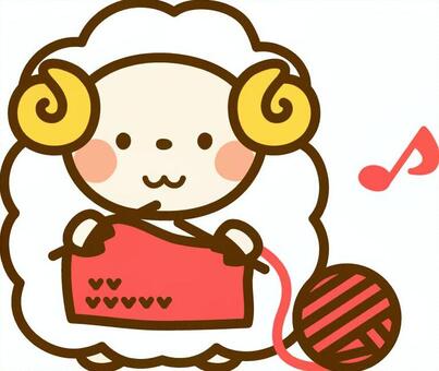 Cute cartoon sheep knitting a red heart-patterned scarf with yarn ball and musical note.