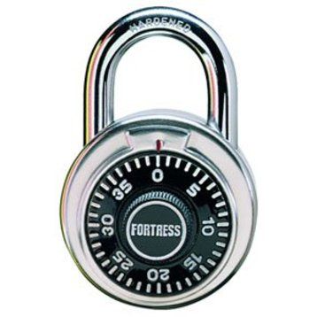 Fortress brand combination padlock with numbered dial and hardened shackle, silver finish.