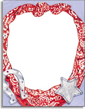 Red bandana-style frame with silver horseshoe and star embellishments, forming a rustic Western-themed border.