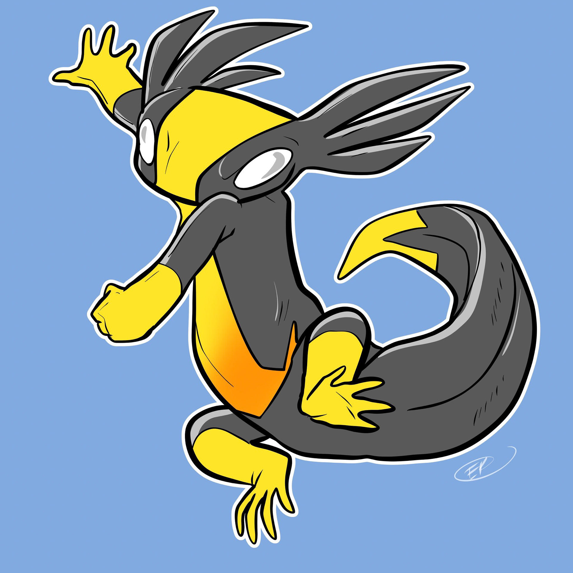 A stylized cartoon Emolga with yellow and black coloring, dynamic pose, and expressive eyes against a light blue background.