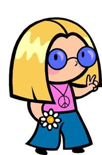 Cartoon hippie girl with blonde hair, blue sunglasses, peace sign, holding daisy and wearing peace symbol shirt.