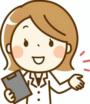 Smiling cartoon woman in lab coat holding clipboard and gesturing, representing healthcare professional or medical assistant.