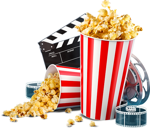 Popcorn in red-and-white striped bucket, film reel, and clapperboard on black background-classic movie night setup.