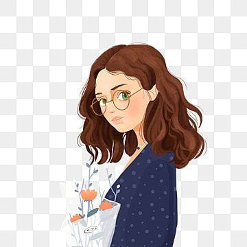 Young woman with wavy brown hair and glasses holding a bouquet of orange flowers in a polka-dot dress.