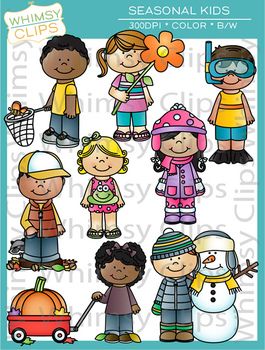 Diverse group of cartoon children dressed in seasonal outfits-spring flowers, summer swimwear, fall pumpkin, winter snowman and coat.
