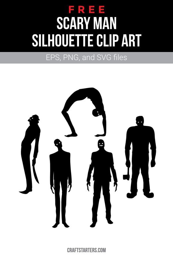 Five black silhouette figures of scary men in various poses-some holding weapons, one doing a backbend-with text promoting free clip art.