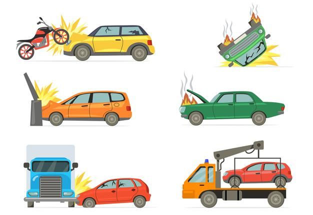 Six illustrated car accident scenarios including collisions, fire, and towing.