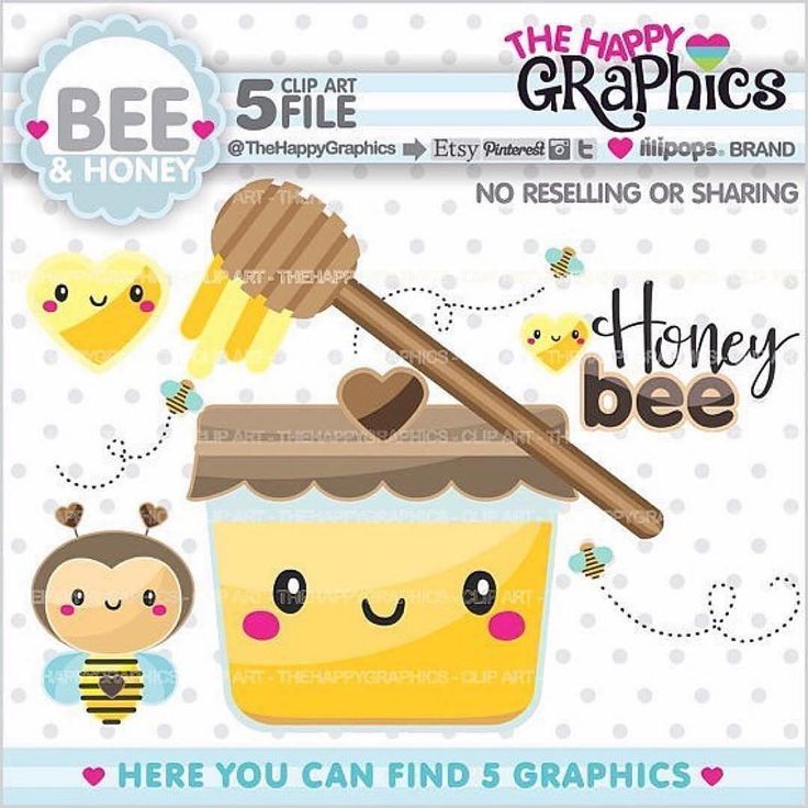 Cute bee and honey-themed clip art set with smiling jar, honey dipper, bees, and hearts by The Happy Graphics.
