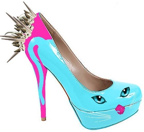 Turquoise and pink high-heeled shoe with cat face design, spiked heel, and glossy finish.