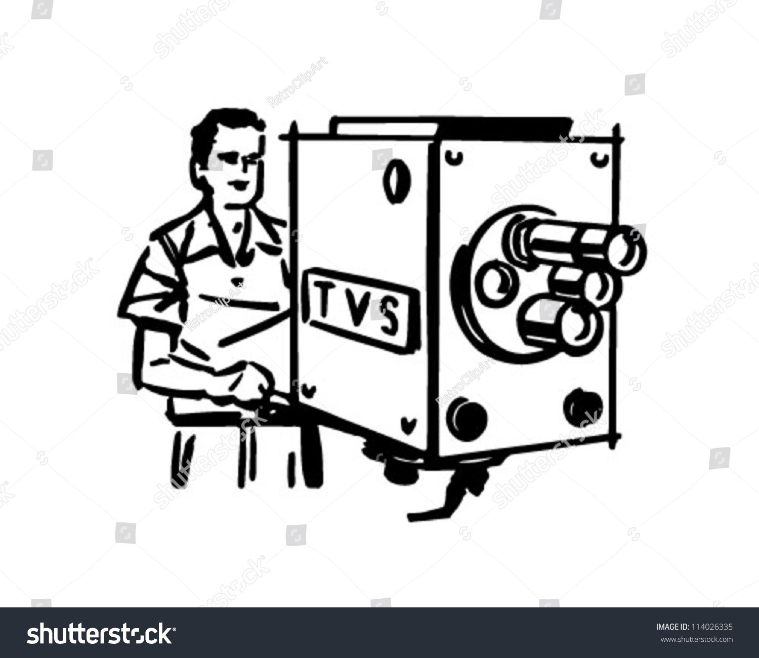 Vintage-style illustration of a man operating a TVS-branded film projector with reels and controls.
