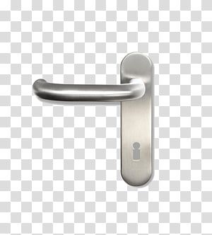 Modern brushed stainless steel lever door handle with integrated keyhole on transparent background.