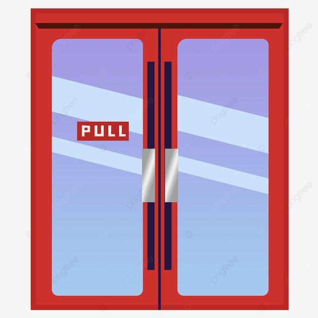 Red double glass doors with "PULL" sign and silver handles, modern entrance design.