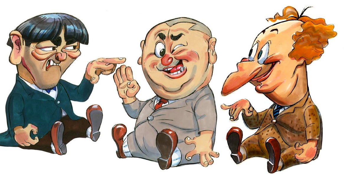 Three caricatured men in suits sitting side by side, gesturing expressively with exaggerated facial features and comic expressions.