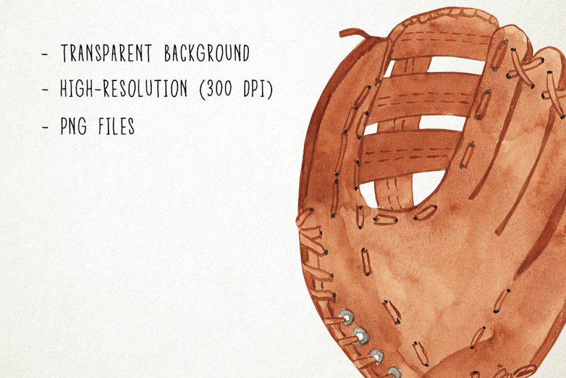 Watercolor illustration of a brown leather baseball glove with stitching details and transparent background.