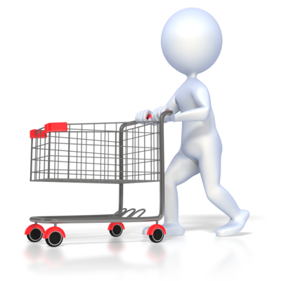 A 3D white humanoid figure pushing a metal shopping cart with red wheels and handle accents on a reflective surface.