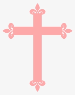 Pink ornate Christian cross with fleur-de-lis motifs at each arm end, stylized and symbolic.