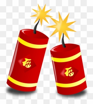 Two red firecrackers with golden "福" characters and bursting sparks, symbolizing Chinese New Year celebrations.