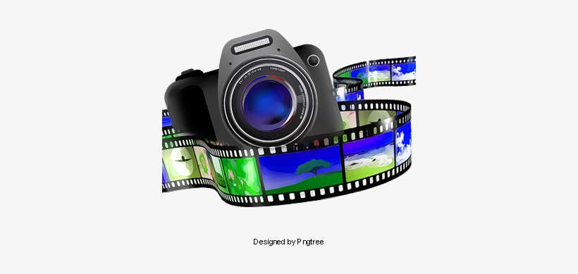 Digital camera with colorful film strip showing nature scenes, designed by Pngtree