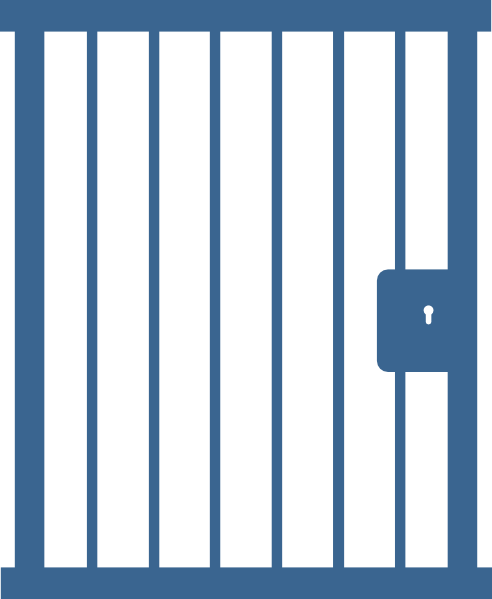 Blue metal security gate with vertical bars and a padlock on the right side.