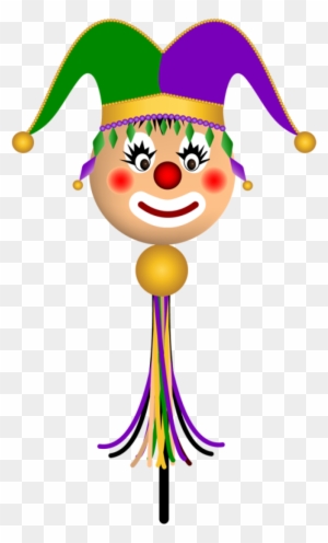 Colorful jester mask with green and purple hat, red nose, and tassels on a stick.
