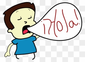 Cartoon boy shouting "¡Hola!" in a speech bubble, expressing excitement or greeting.