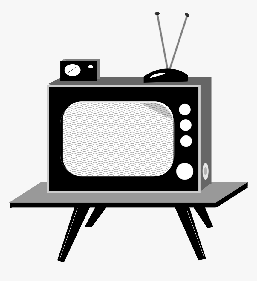 Vintage black-and-white television with rabbit-ear antenna, wavy static on screen, sitting on mid-century modern stand.