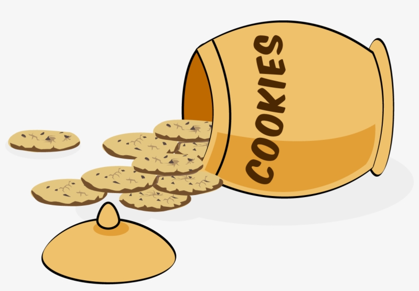 A tipped-over yellow cookie jar labeled "COOKIES" spilling chocolate chip cookies onto a white surface, with its lid nearby.