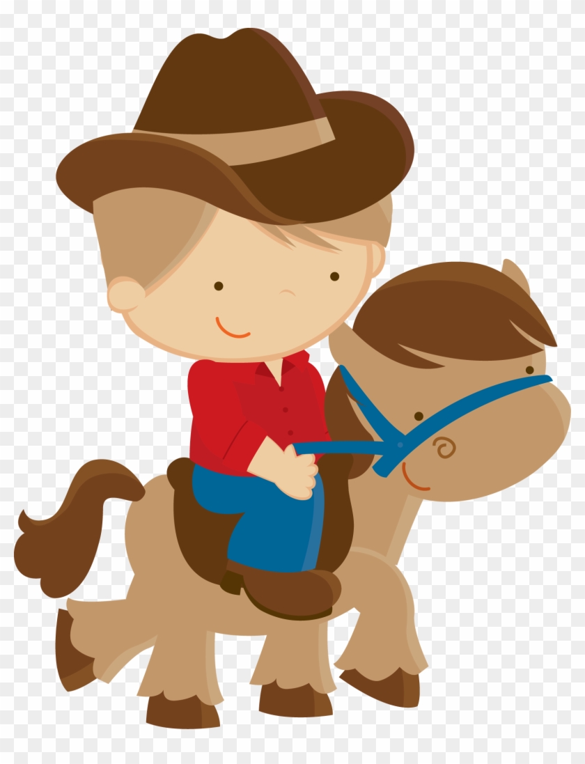 Smiling cartoon boy in cowboy hat riding a friendly brown horse with blue reins.