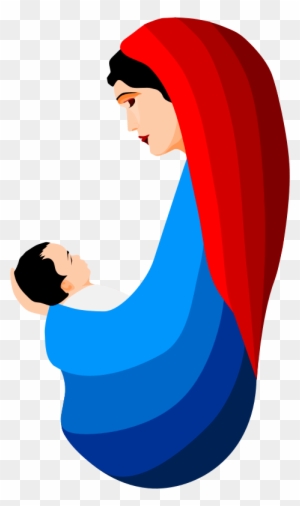 Mother in red veil holding baby wrapped in blue shawl, stylized illustration of maternal care and devotion.