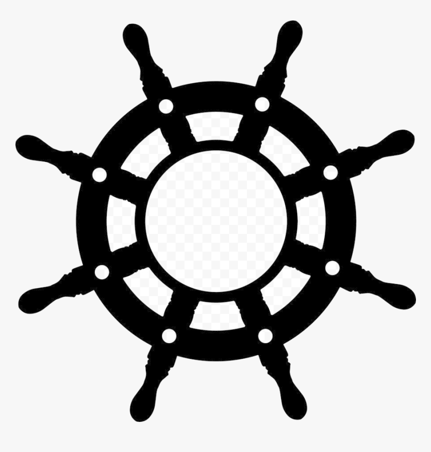 Black silhouette of a classic eight-spoke ship’s wheel with circular center and decorative handles.