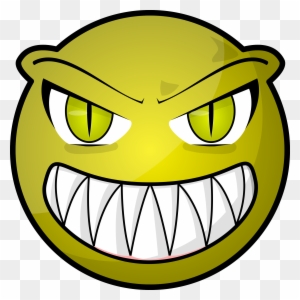 Angry yellow cartoon face with sharp teeth and glaring green eyes, expressing menace or aggression.