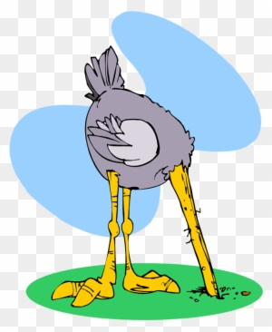 Cartoon ostrich with gray body and yellow legs burying its head in green ground against a light blue background.